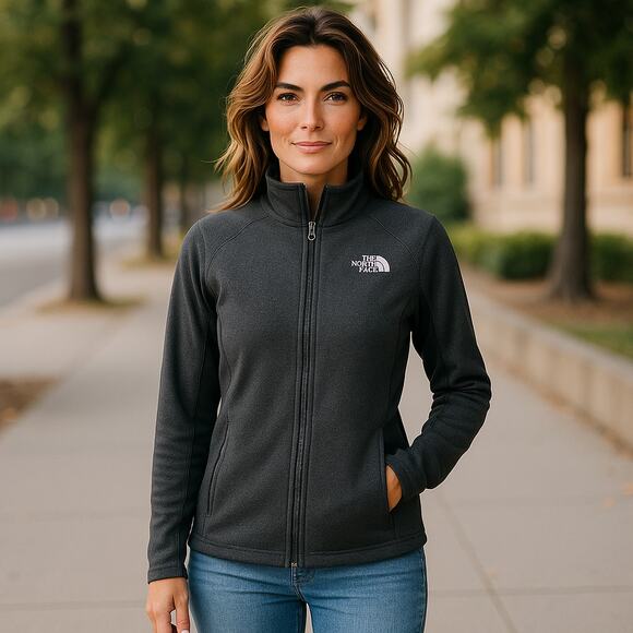 The North Face Womens Jacket Sz M Gray Black Fleece Full Front Zip Lightweight - Picture 1 of 11